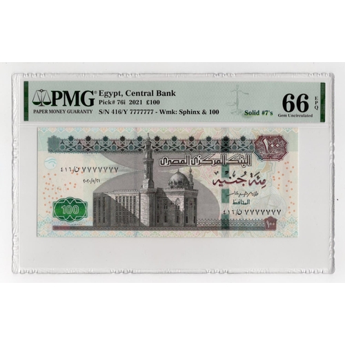 701 - Egypt 100 Pounds dated 2020, SOLID '7's' serial number 416/Y 7777777 (BNB B340b, Pick76i) in PMG hol... 