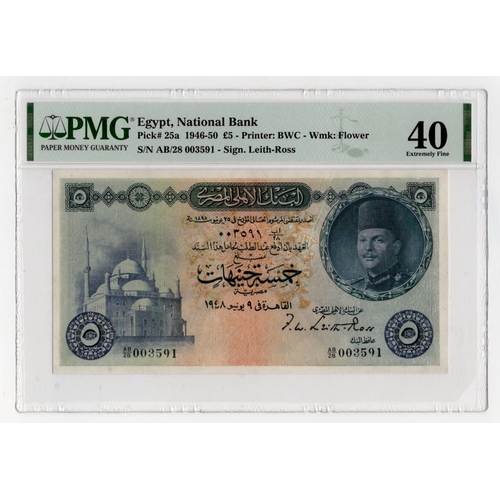 704 - Egypt 5 Pounds dated 1948 signed Leith-Ross, serial AB/28 003591 (BNB 124a, Pick25a) in PMG holder g... 