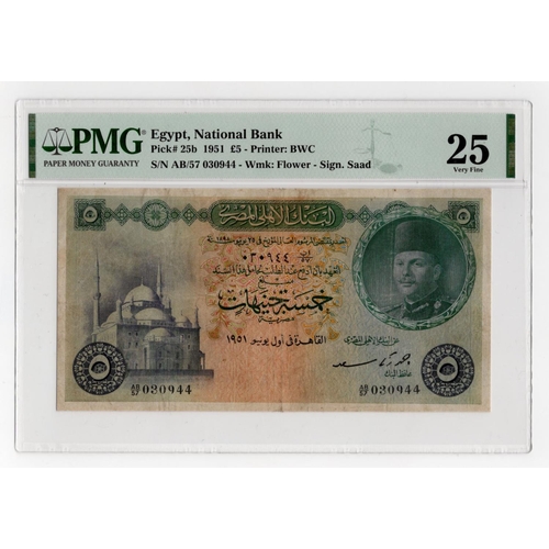 705 - Egypt 5 Pounds dated 1951, signed Ahmed Zaky Saad, serial AB/57 030944 (BNB B124b, Pick25b) minor ru... 