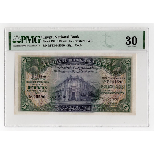 706 - Egypt 5 Pounds dated 7th September 1936, signed Cook, serial M/33 045590 (BNB B117c, Pick19b) in PMG... 