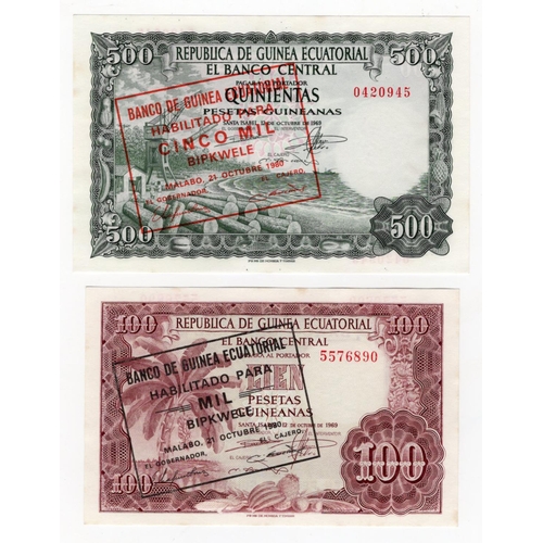 709 - Equatorial Guinea (2), 500 & 100 Pesetas Guineanas with 1000 and 5000 Bipkwele overprints dated 1980... 