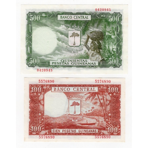 709 - Equatorial Guinea (2), 500 & 100 Pesetas Guineanas with 1000 and 5000 Bipkwele overprints dated 1980... 