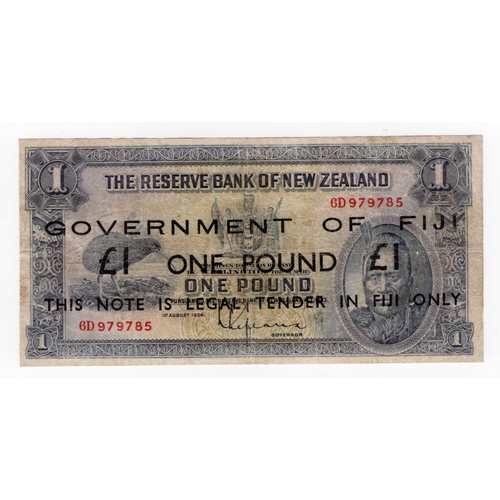 712 - Fiji 1 Pound issued 1942, Emergency overprint on New Zealand 1 Pound (1934), serial 6D 979785 (BNB B... 