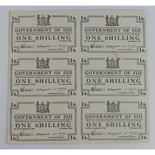 713 - Fiji 1 Shilling (6) dated 1st January 1942, an uncut sheet of 6 unissued remainders without serial n... 