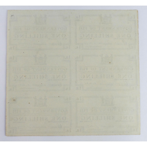 713 - Fiji 1 Shilling (6) dated 1st January 1942, an uncut sheet of 6 unissued remainders without serial n... 