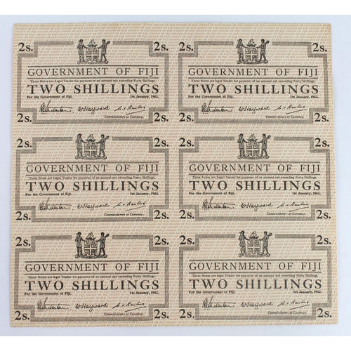 715 - Fiji 2 Shillings (6) dated 1st January 1942, an uncut sheet of 6 unissued remainders without serial ... 