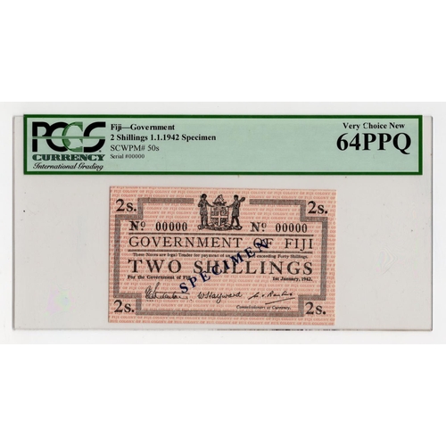 716 - Fiji 2 Shillings dated 1942, SPECIMEN note serial No. 00000, specimen overprint in blue on front (BN... 