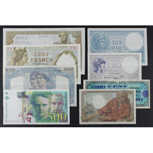 719 - France (8), 1000 Francs 1943 EF+, 1000 Francs 1946 pressed VF, 500 Francs 1995 EF, 100 Francs 1940 U... 