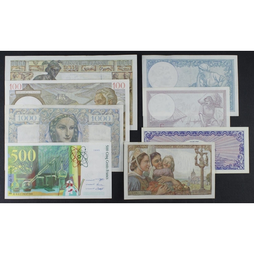 719 - France (8), 1000 Francs 1943 EF+, 1000 Francs 1946 pressed VF, 500 Francs 1995 EF, 100 Francs 1940 U... 