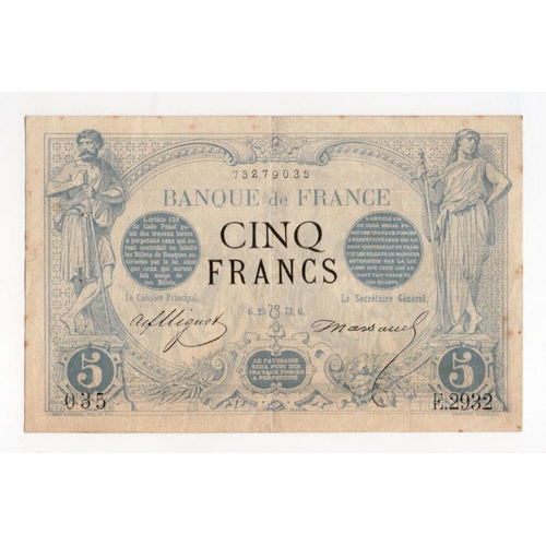 720 - France 5 Francs dated 1873, serial E.2932 035 (Pick60) pinholes, some dirt, VF and scarce