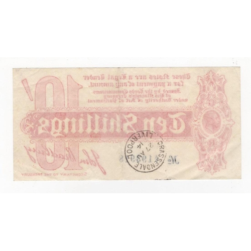 73 - Bradbury 10 Shillings (T9) issued 1914, Royal Cypher watermark, serial A/9 193918, No. with dot (T9,... 