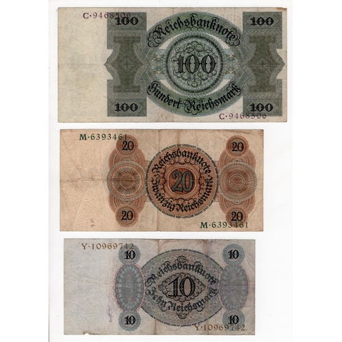 732 - Germany (3), 10 Reichsmark dated 1924 serial Y.10969742 (BNB B313a5, Pick175) slight damage at botto... 