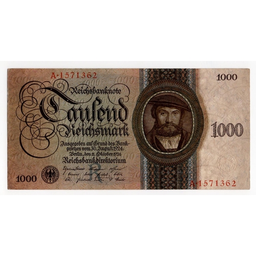 736 - Germany 1000 Reichsmark dated 1924 serial A.1571362 (BNB B317a4, Pick179) EF+ and scarce in this gra... 