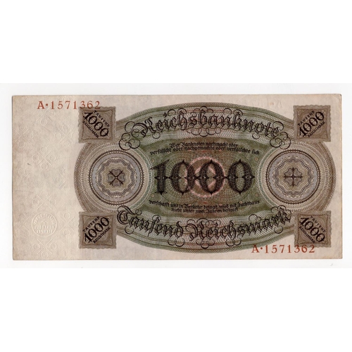 736 - Germany 1000 Reichsmark dated 1924 serial A.1571362 (BNB B317a4, Pick179) EF+ and scarce in this gra... 