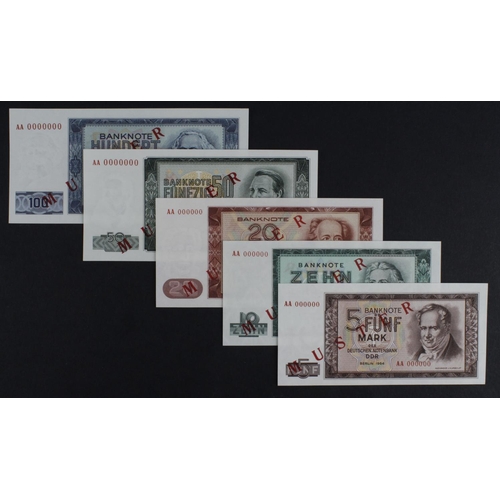 738 - Germany Democratic Republic (5), a set of SPECIMEN notes, 100 Mark, 50 Mark, 20 Mark, 10 Mark & 5 Ma... 