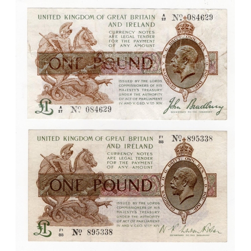 74 - Bradbury and Warren Fisher (2), Bradbury 1 Pound issued 1917, FIRST SERIES serial A/27 084629 (T16, ... 