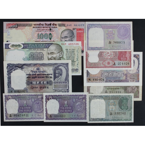 760 - India & Nepal (10), India 1 Rupee 1949 - 1950, 5 Rupees issued 1937, 500 Rupees issued 1987, 1000 Ru... 