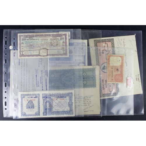 761 - India (11), 1 Rupee Gulf Rupee dated 1957, Postal Order 6 Rupees, National Savings Certificate 100 R... 