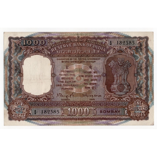 774 - India 1000 Rupees Reserve Bank Bombay issue 1975, signature 79 N.C. Sengupta, serial A/2 182585 (BNB... 