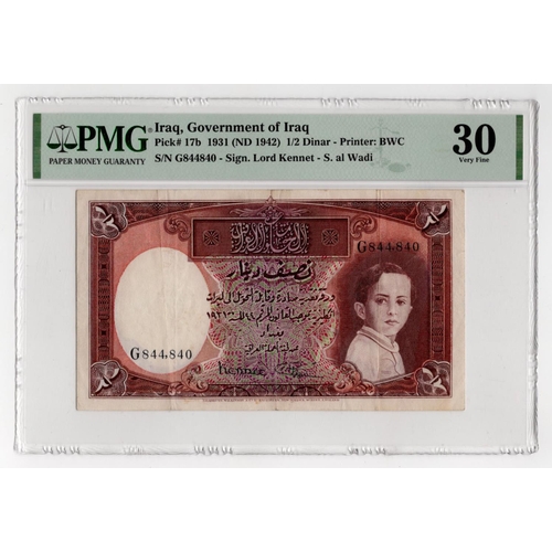 781 - Iraq 1/2 Dinar issued 1942 (Law of 1931), portrait King Faisal II as a child at right, signed Kennet... 