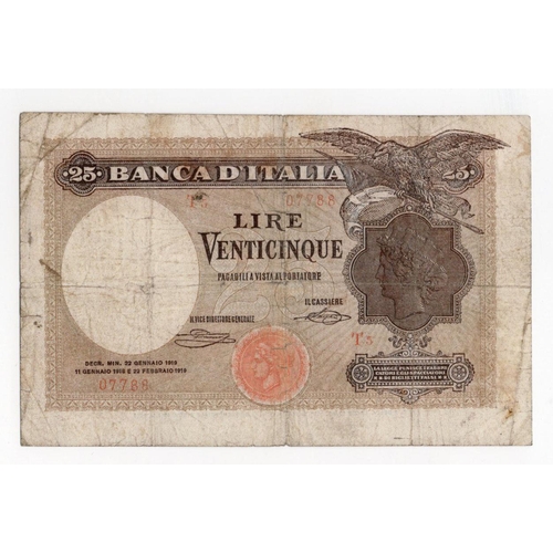 786 - Italy 25 Lire dated 22nd February 1919, serial T5 07788 (BNB B406b, Pick42b) edge nicks, splits and ... 