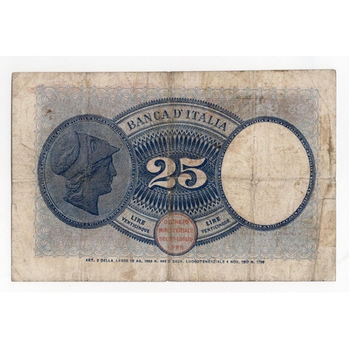 786 - Italy 25 Lire dated 22nd February 1919, serial T5 07788 (BNB B406b, Pick42b) edge nicks, splits and ... 