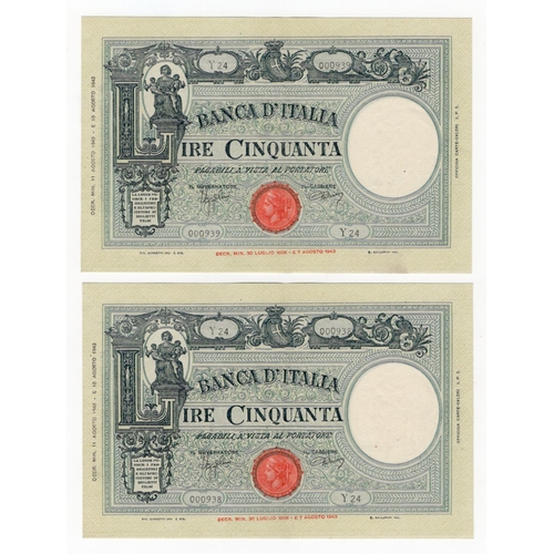 787 - Italy 50 Lire (2) dated 11th August 1943, a consecutively numbered pair, serial Y24 000938 & Y24 000... 