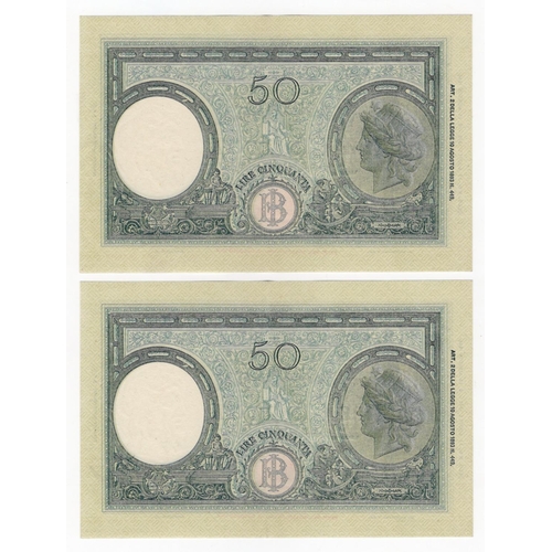 787 - Italy 50 Lire (2) dated 11th August 1943, a consecutively numbered pair, serial Y24 000938 & Y24 000... 