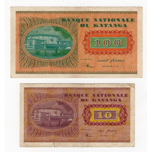 792 - Katanga (2) 100 Francs dated 31st October 1960, portrait Moise Tshombe at right, serial AN 023505 (B... 