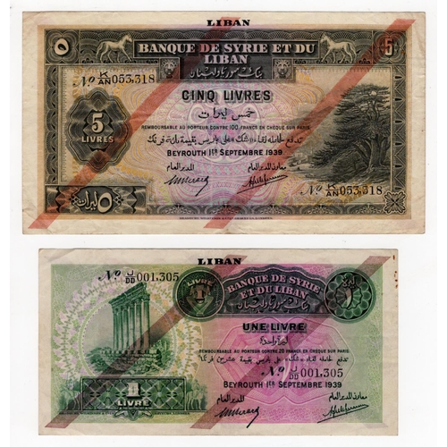 793 - Lebanon (2), 5 Livres dated 1st September 1939, serial K/AN 053318 (BNB B211b, Pick27b) Fine+, 1 Liv... 