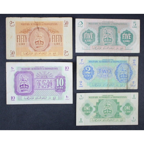 799 - Libya Tripolitania (5), comprising 50 Lire, 10 Lire, 5 Lire, 2 Lire and 1 Lira issued 1943 for allie... 