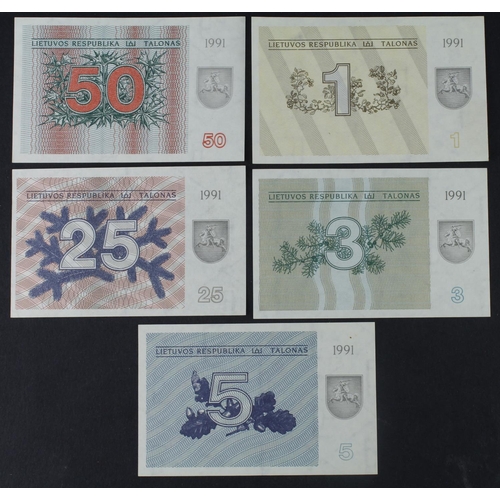 801 - Lithuania (5), 50 Talonas, 25 Talonas, 5 Talonas, 3 Talonas and 1 Talonas all dated 1991, all withou... 