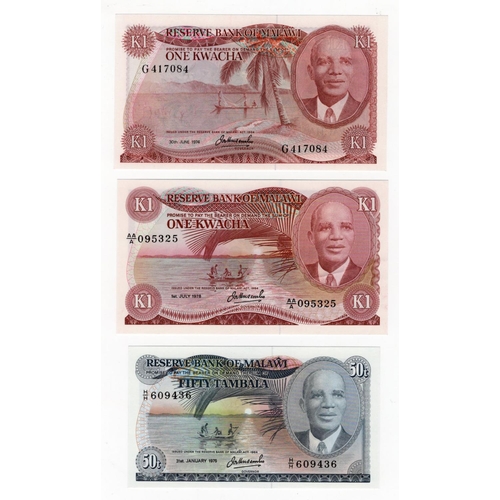 805 - Malawi (3), 1 Kwacha dated 30th June 1974, serial G417084 (BNB B110b, Pick10b) Uncirculated, 1 Kwach... 