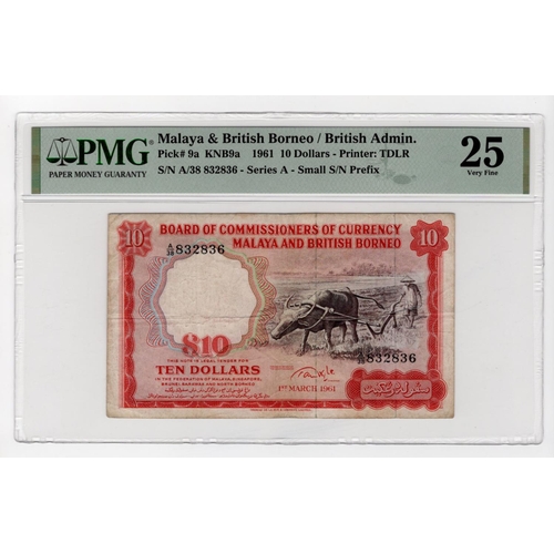 806 - Malaya & British Borneo 10 Dollars dated 1st March 1961, serial A/38 832836 (BNB B109a, Pick9a) in P... 