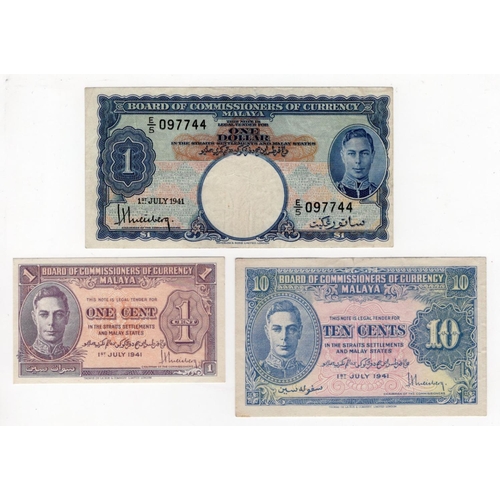 811 - Malaya (3), 1 Dollar dated 1st July 1941 (BNB B112a, Pick11) about VF, 10 Cents uniface with no seri... 