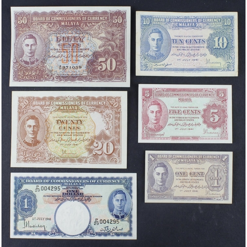 812 - Malaya (6), 1 Dollar, 50 Cents, 20 Cents, 10 Cents, 5 Cents and 1 Cent all dated 1st July 1941 with ... 