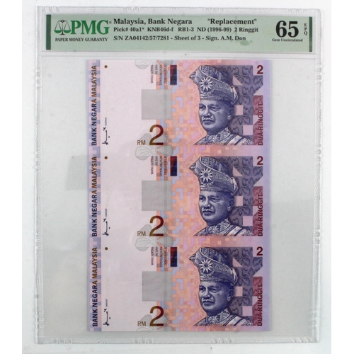 815 - Malaysia 2 Ringgit (3) issued 1996 - 1999, an uncut sheet of 3 REPLACEMENT notes signed A.M. Don, se... 