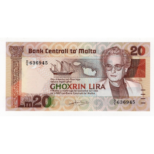 818 - Malta 20 Lira issued 1986, serial D/6 636945 (BNB B213a, Pick40a) Uncirculated