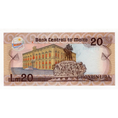 818 - Malta 20 Lira issued 1986, serial D/6 636945 (BNB B213a, Pick40a) Uncirculated