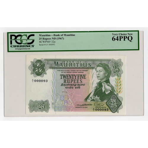 822 - Mauritius 25 Rupees issued 1967, rarer first signature variety first prefix issue with LOW serial nu... 