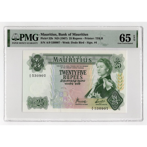 823 - Mauritius 25 Rupees issued 1967, serial A/9 530907, a consecutively numbered note to the following l... 