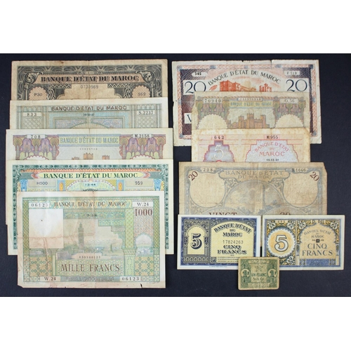 825 - Morocco (12), 1000 Francs dated 1956, 100 Francs (3) dated 1944, 1946 and 1952, 50 Francs (2) dated ... 