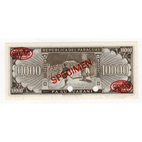 837 - Paraguay 10000 Guaranies issued Law 1952, SPECIMEN note serial A0000000, red Thomas de la Rue ovals ... 