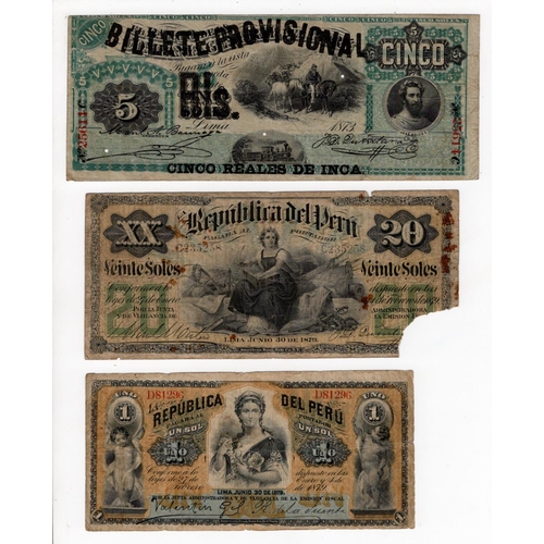 838 - Peru (3), 5 Reales de Inca overprint on 5 Soles dated 1881 (original date 1873) serial 25614 plate C... 