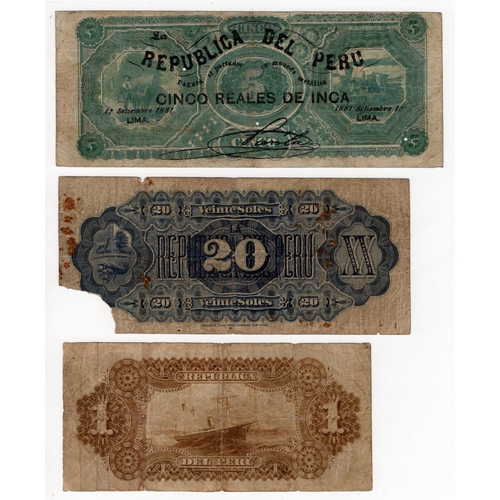 838 - Peru (3), 5 Reales de Inca overprint on 5 Soles dated 1881 (original date 1873) serial 25614 plate C... 