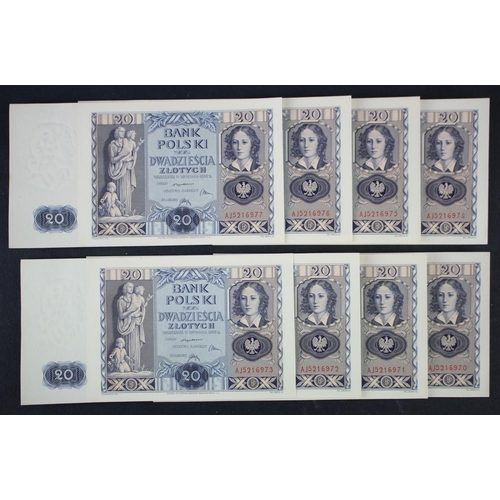 844 - Poland 20 Zlotych (8) dated 11th November 1936, a consecutively numbered run, serial AJ 5216970 - AJ... 