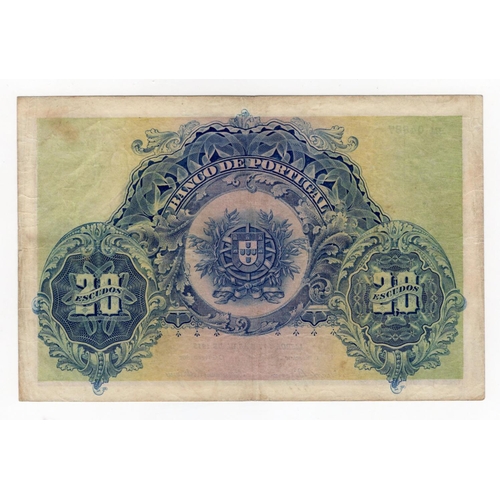 847 - Portugal 20 Escudos dated 14th April 1915, Chapa. 1, serial BM 04887 (Pick115a) light dirt/stains, g... 