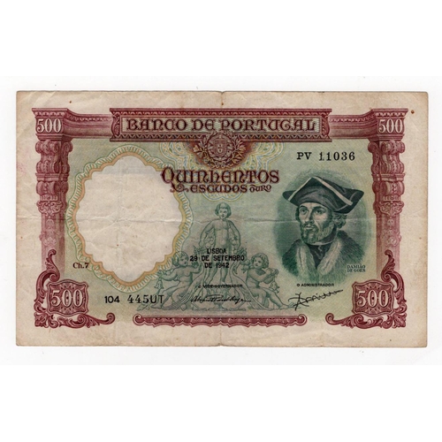 849 - Portugal 500 Escudos dated 1942, Chapa. 7, serial PV 11036 (Pick155) pinholes Fine+