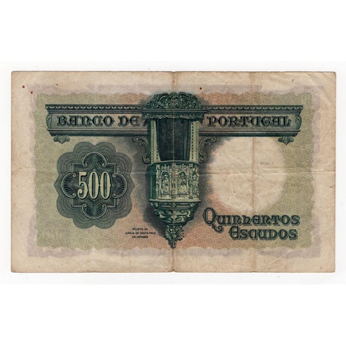 849 - Portugal 500 Escudos dated 1942, Chapa. 7, serial PV 11036 (Pick155) pinholes Fine+