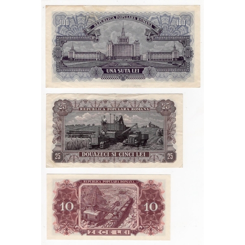 863 - Romania (3), 100 Lei, 25 Lei and 10 Lei dated 1952 (BNB B248b - B250b, Pick 88b - 90b) VF+, Fine+ an... 